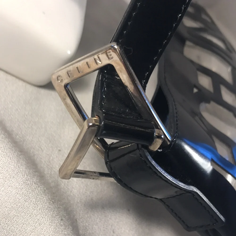 Vintage Celine Translucent Black Patent Leather Laser Cut Out Logo Shoulder Bag